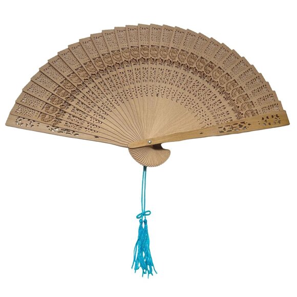 Vintage Handheld Wooden Folding Fan Die Cut Intricate Floral Design Blue Tassel - Picture 8 of 8